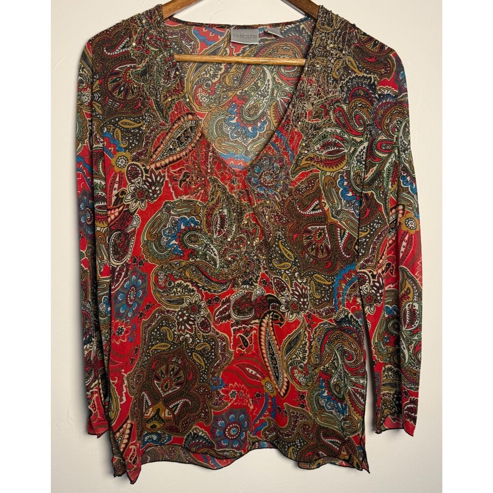 Chico's Silk Blouse Paisley Floral Women's Size Small 0 Boho Work Office Classic